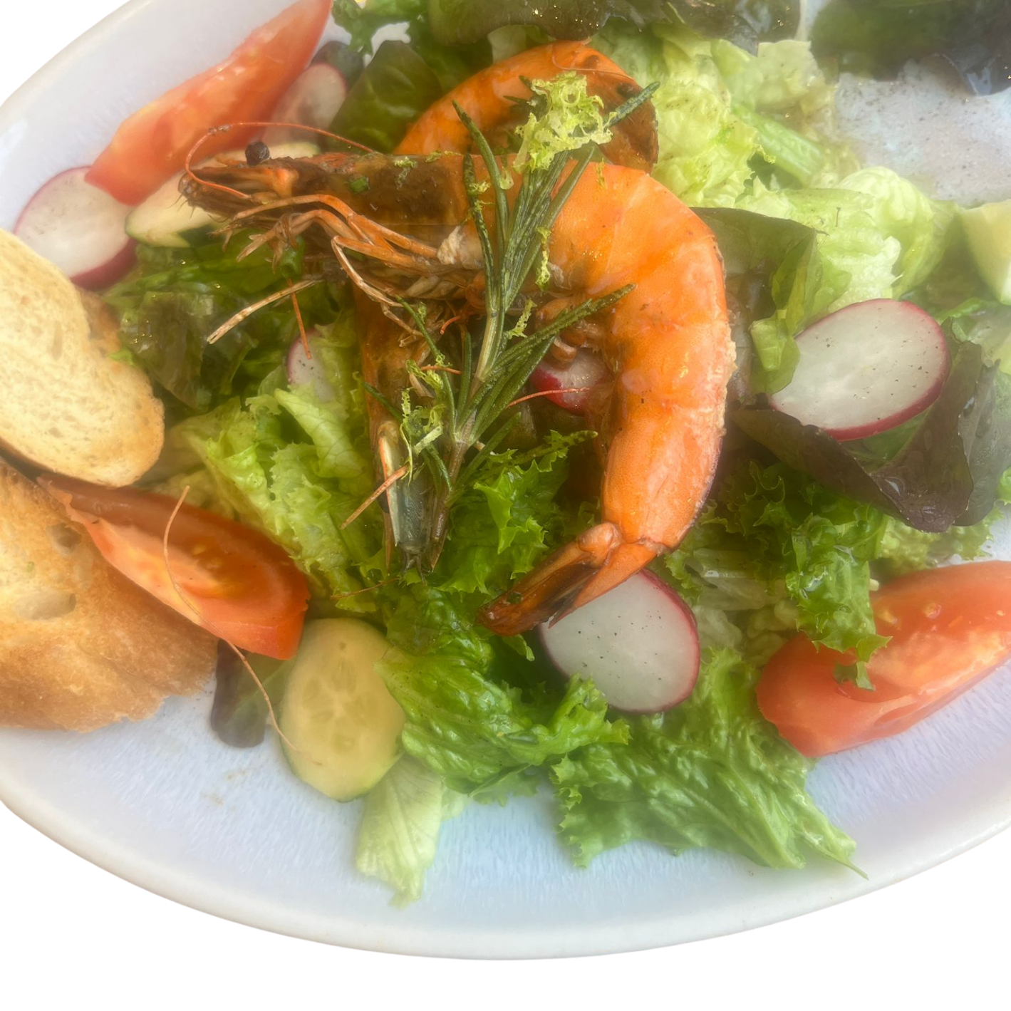 Tiger Prawns auf Salat & Baguette